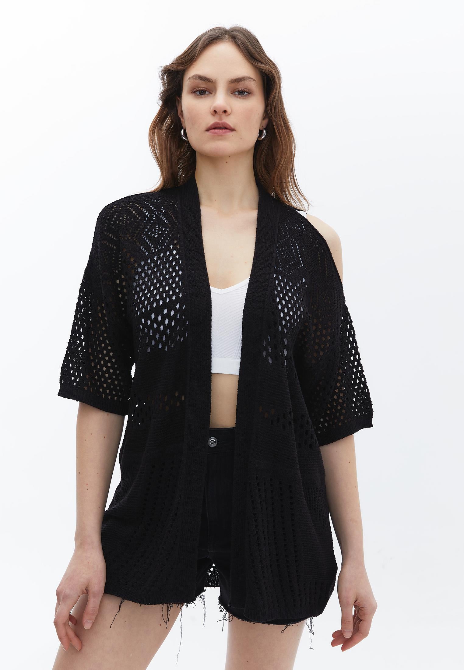 Tunic Length Cardigan With Cut Details - BLACK