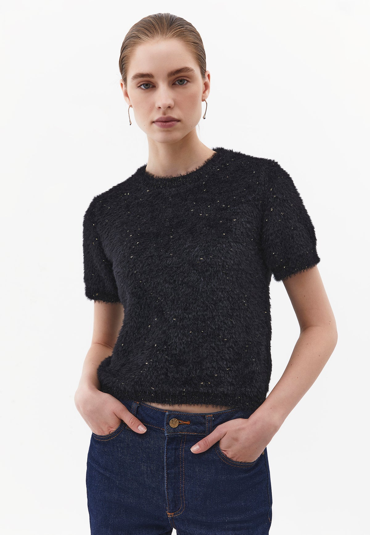 Short Sleeve Crew Neck Knit Sweater - BLACK