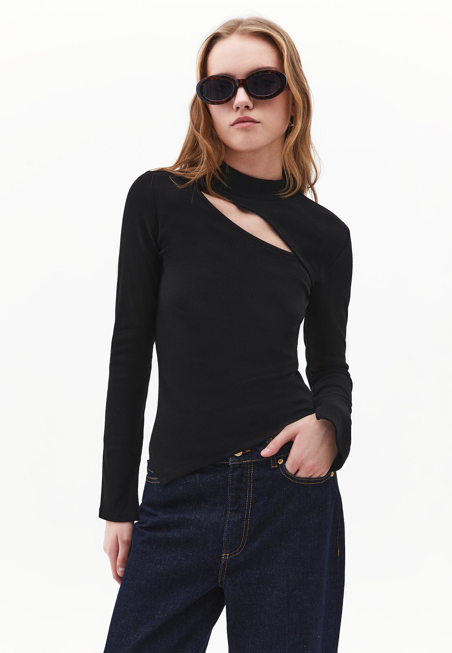 High Neck Cut Out Detail Bodycon T-Shirt - BLACK