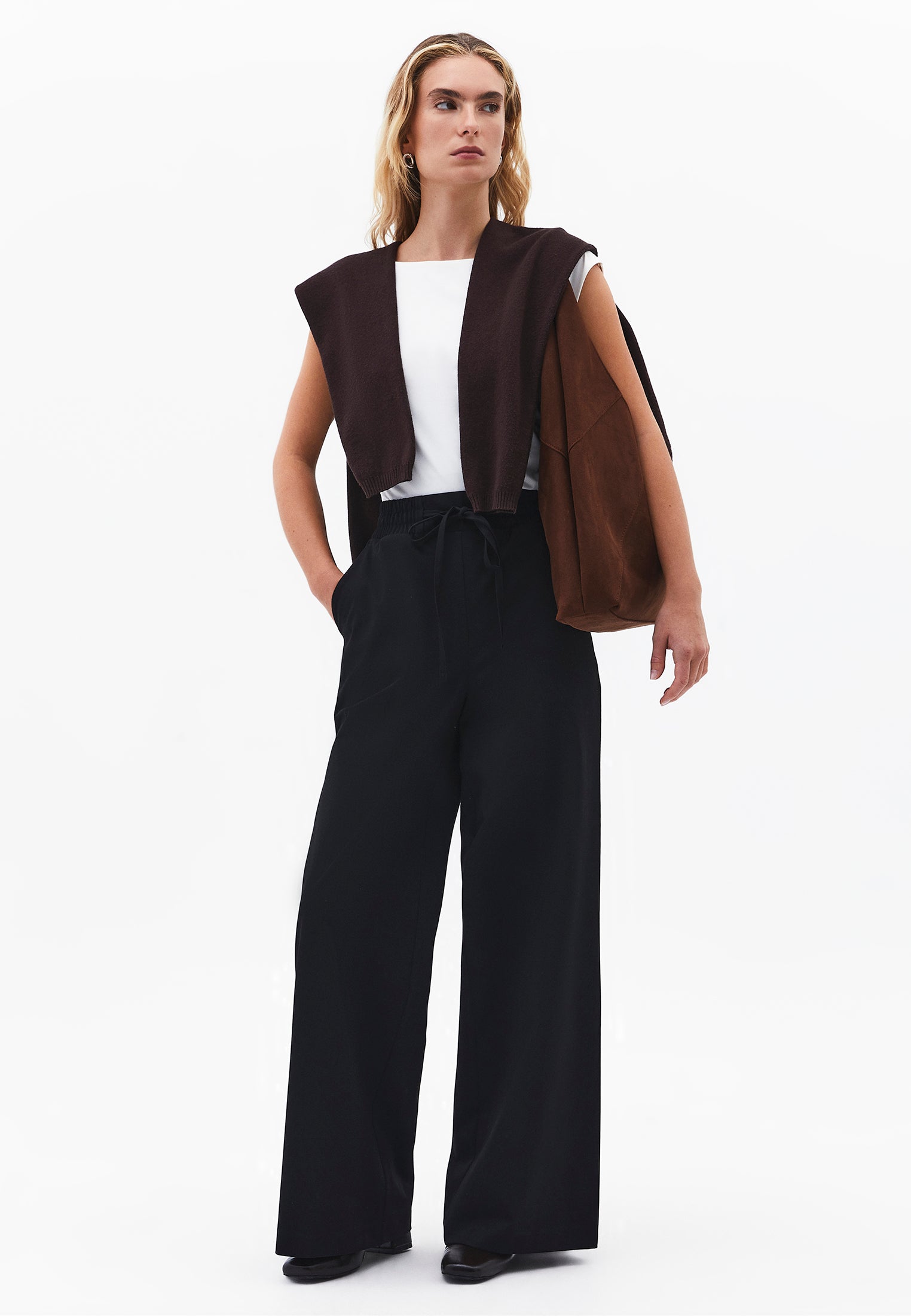 Wide Leg High Waist Elastic Waistband Pants - BLACK