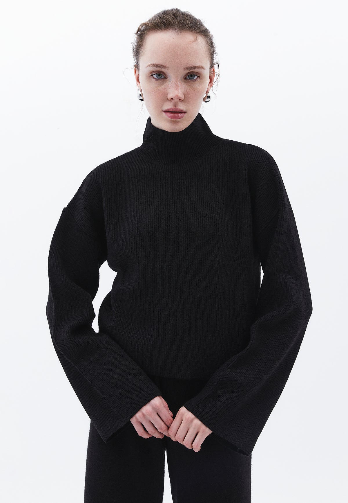 Cropped High Neck Kimono Sleeve Knit Sweater - BLACK