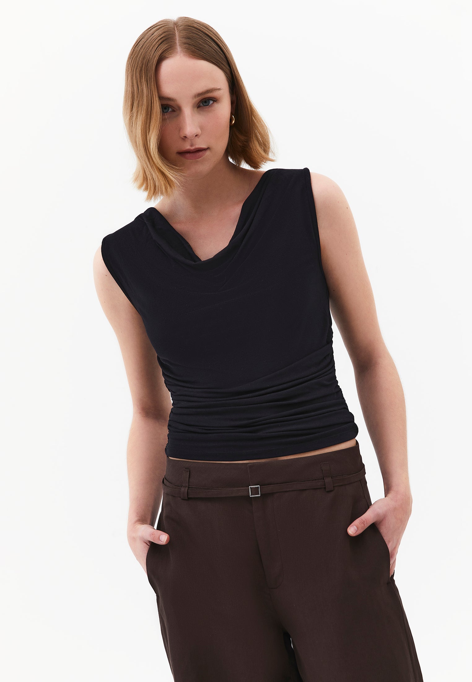 Cowl Neck Bodycon Tank Top - BLACK