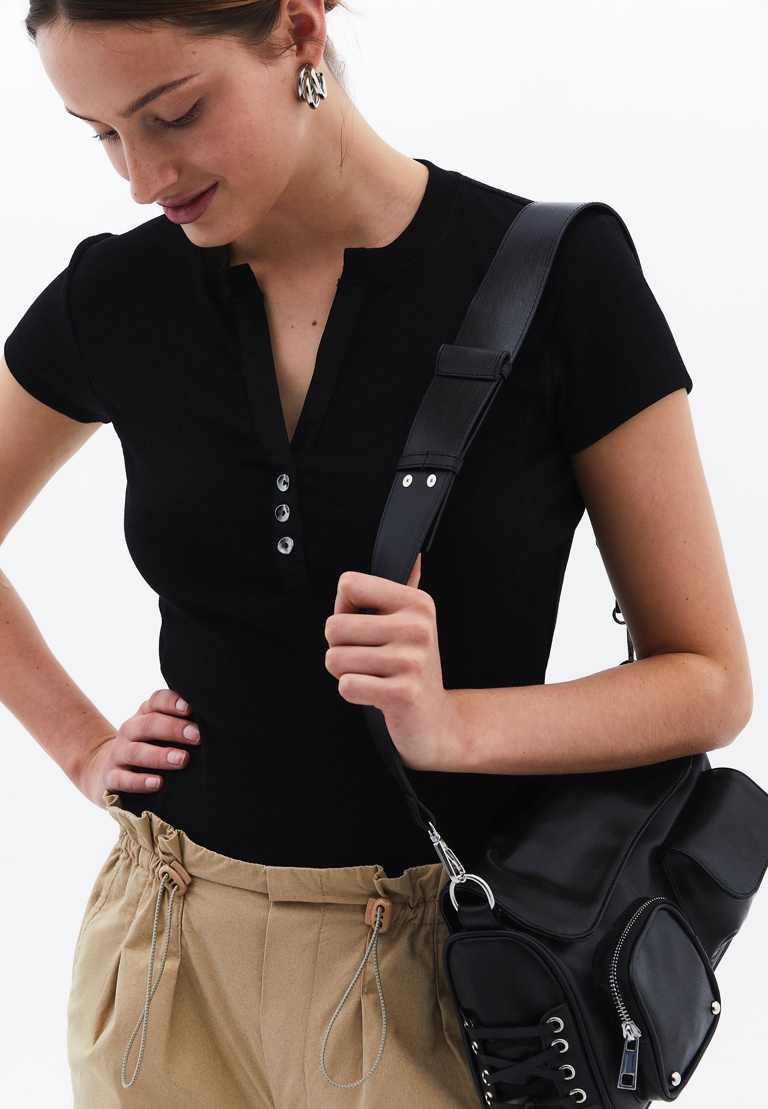 Button Detailed T-Shirt - BLACK
