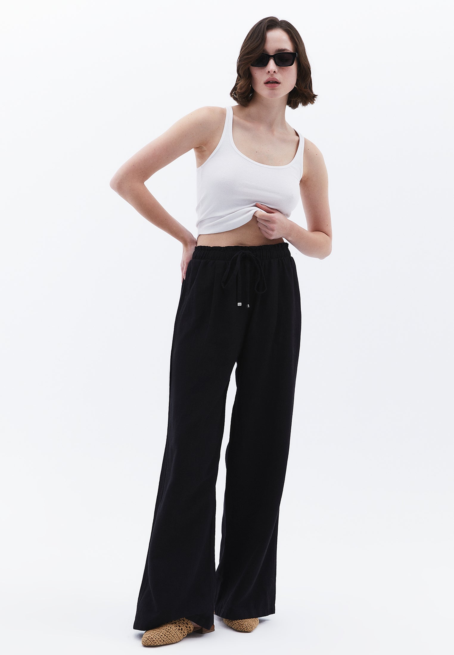 Wide Leg High Waist Pants - BLACK