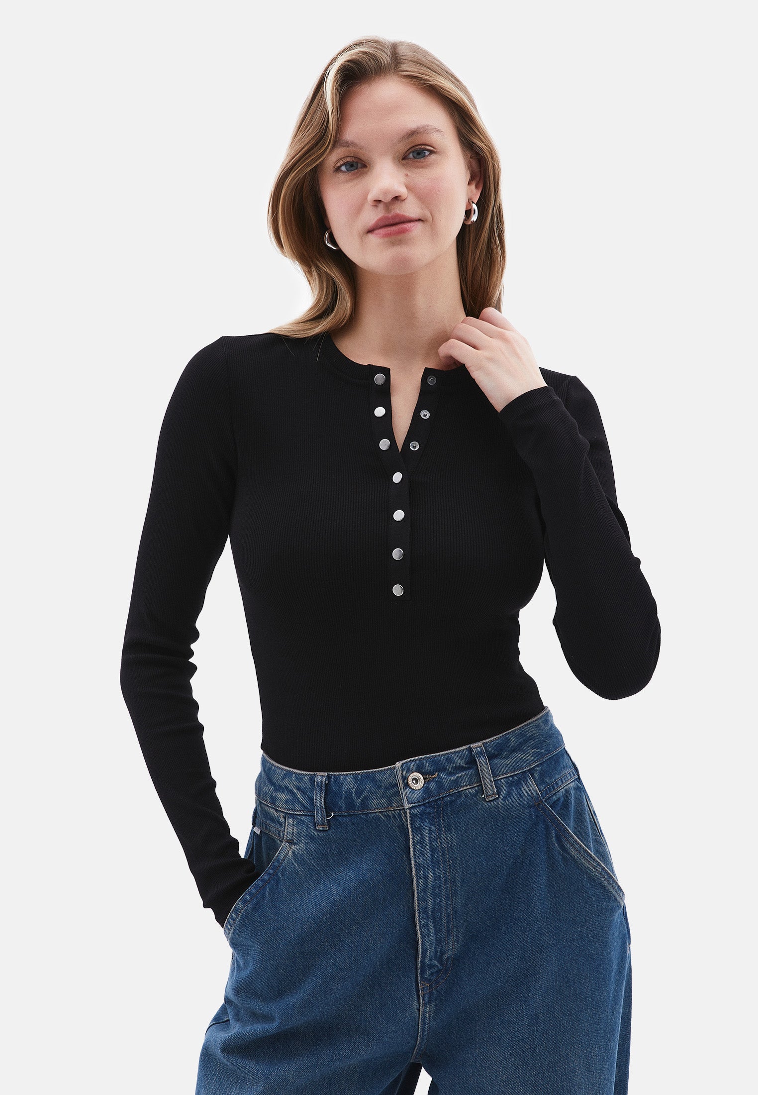 Ribbed Fabric Long Sleeve T-Shirt Crew Neck - BLACK