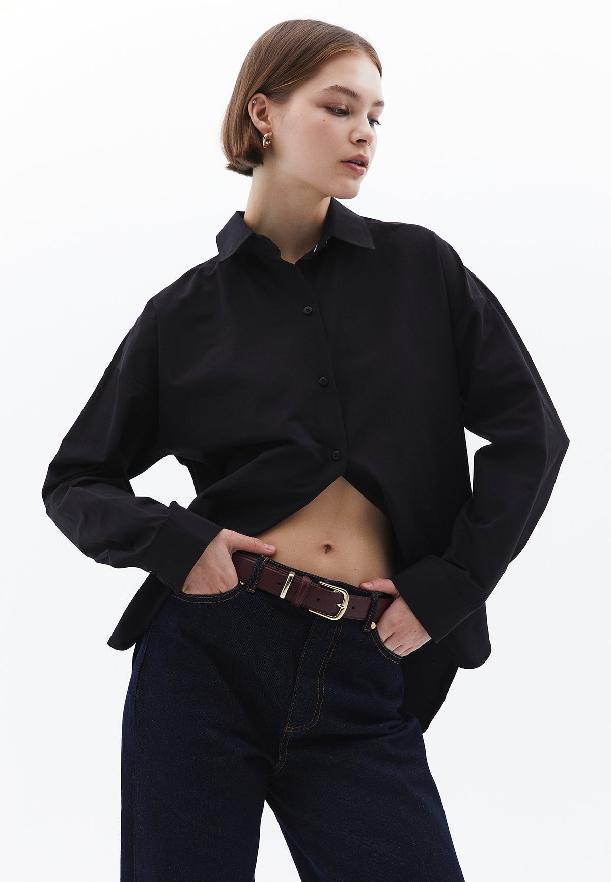 Shirt Collar Loose Woven Shirt - BLACK
