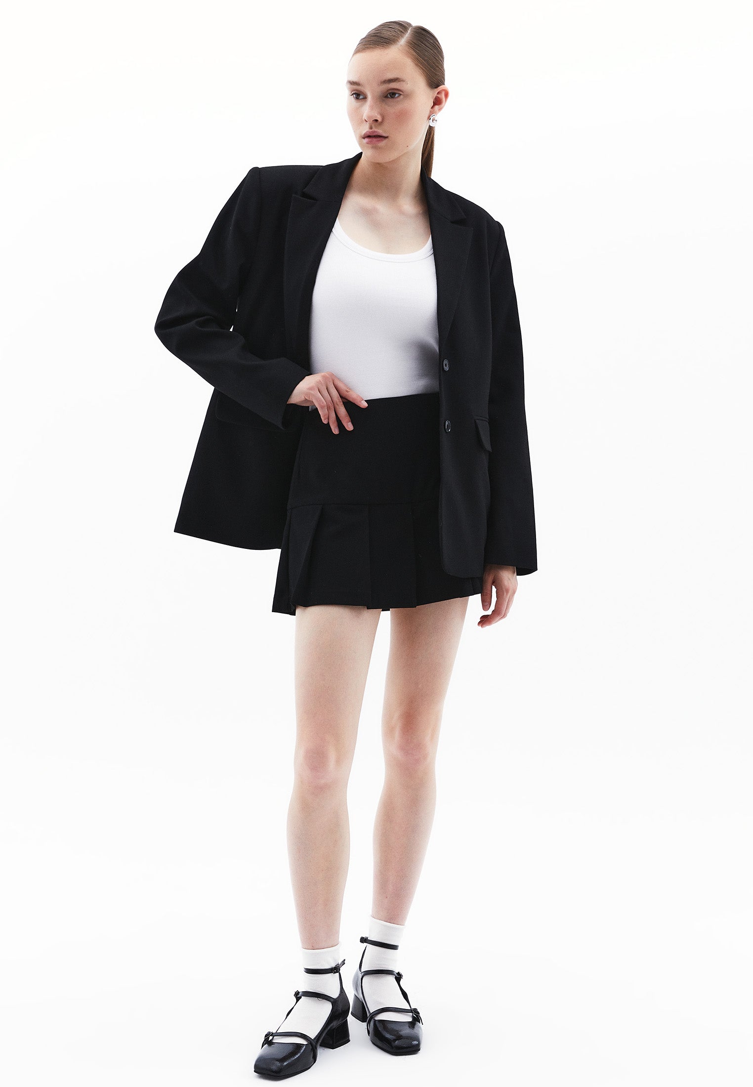 Pleated Short A-Line Skirt - BLACK