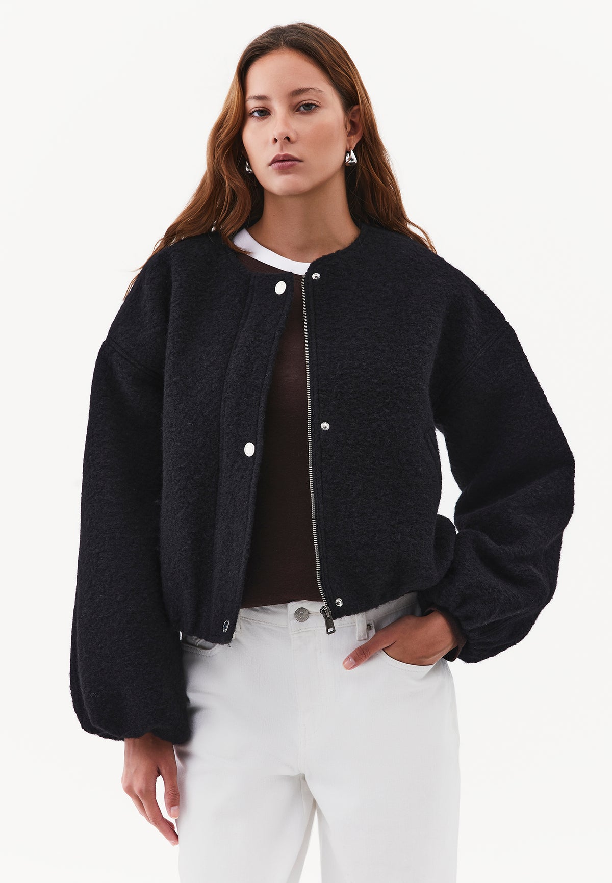 Balloon Sleeve Short Knitted Jacket - BLACK