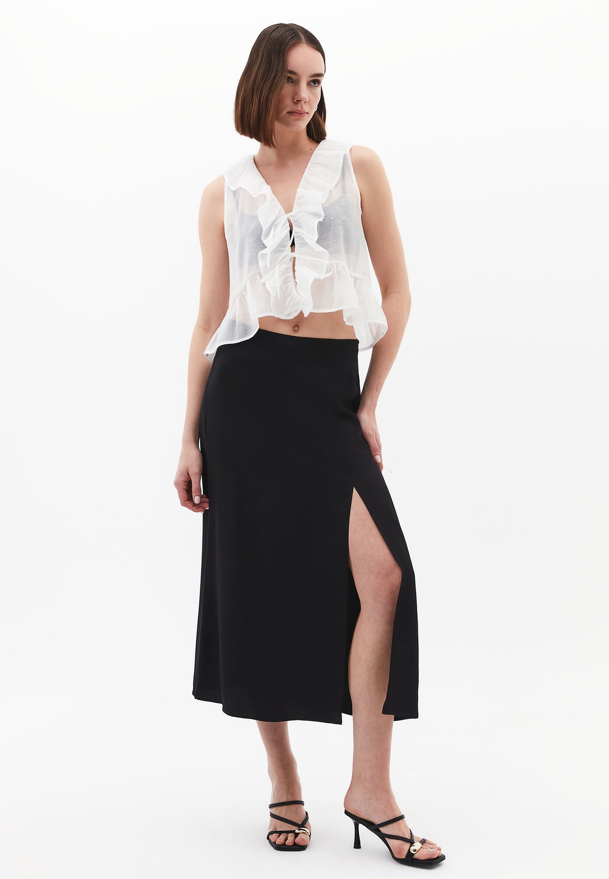 Slit Detailed A-Line Midi High Waist Skirt - BLACK