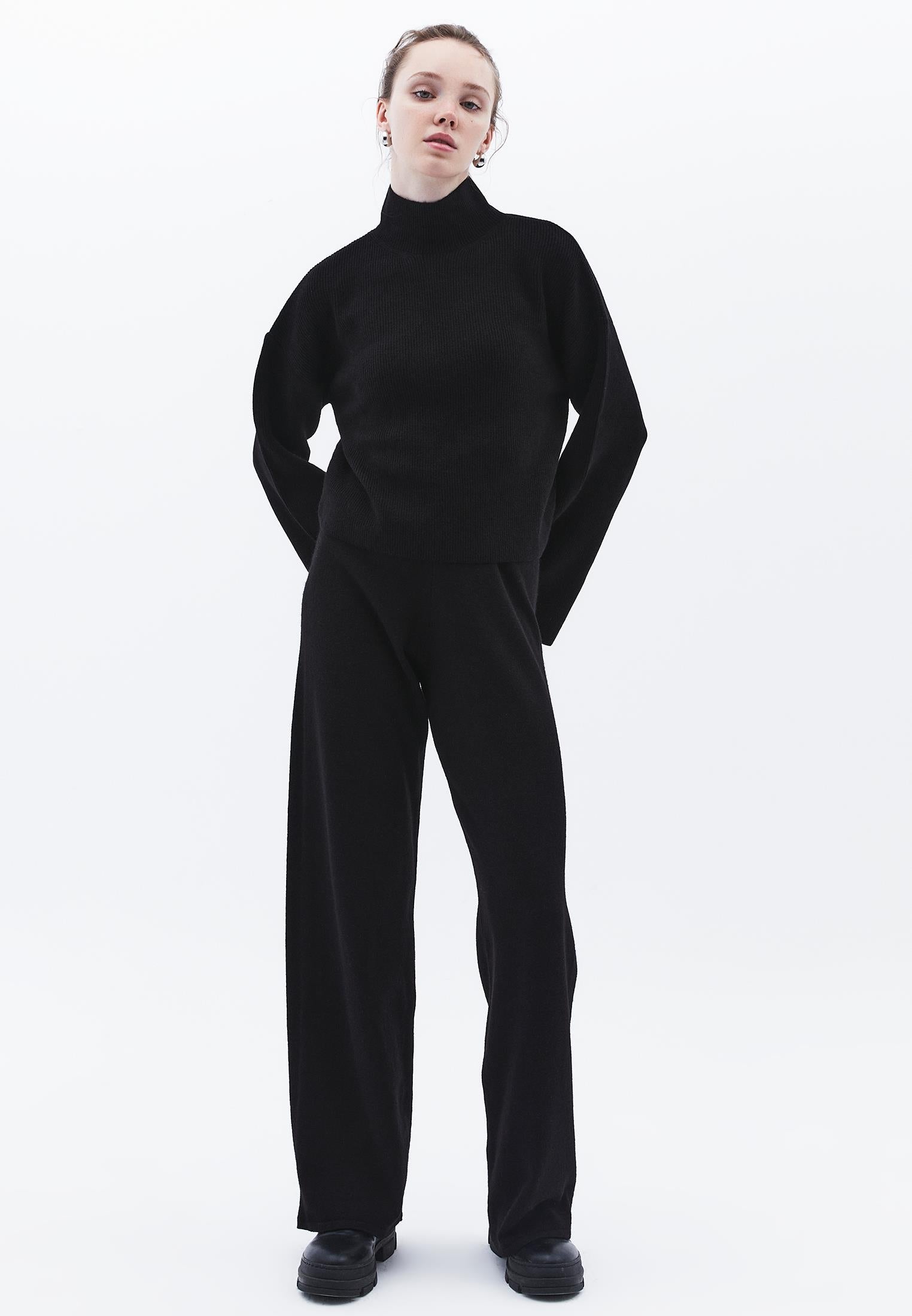 Relaxed Fit High Waist Wide Leg Pants - BLACK