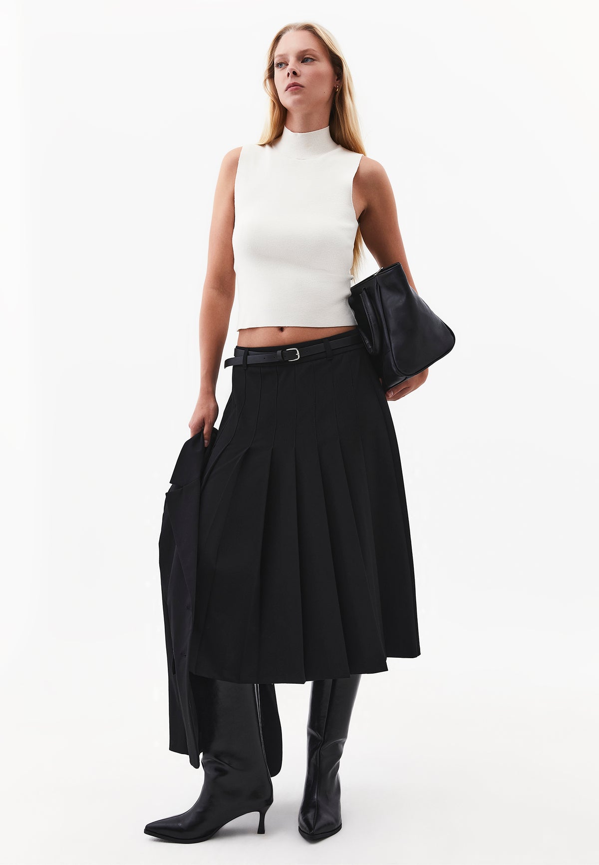 Pleated Midi Skirt with Belt Detail - BLACK
