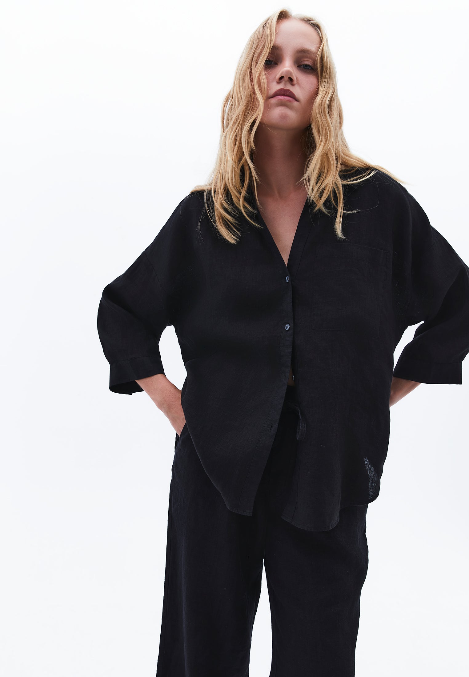 Shirt With Button Details At Tunic Length - BLACK