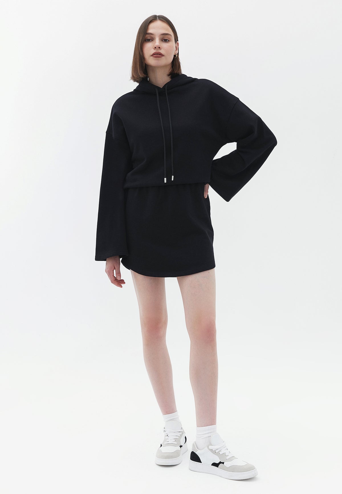 Short Hoodie Long Sleeve Dress - BLACK
