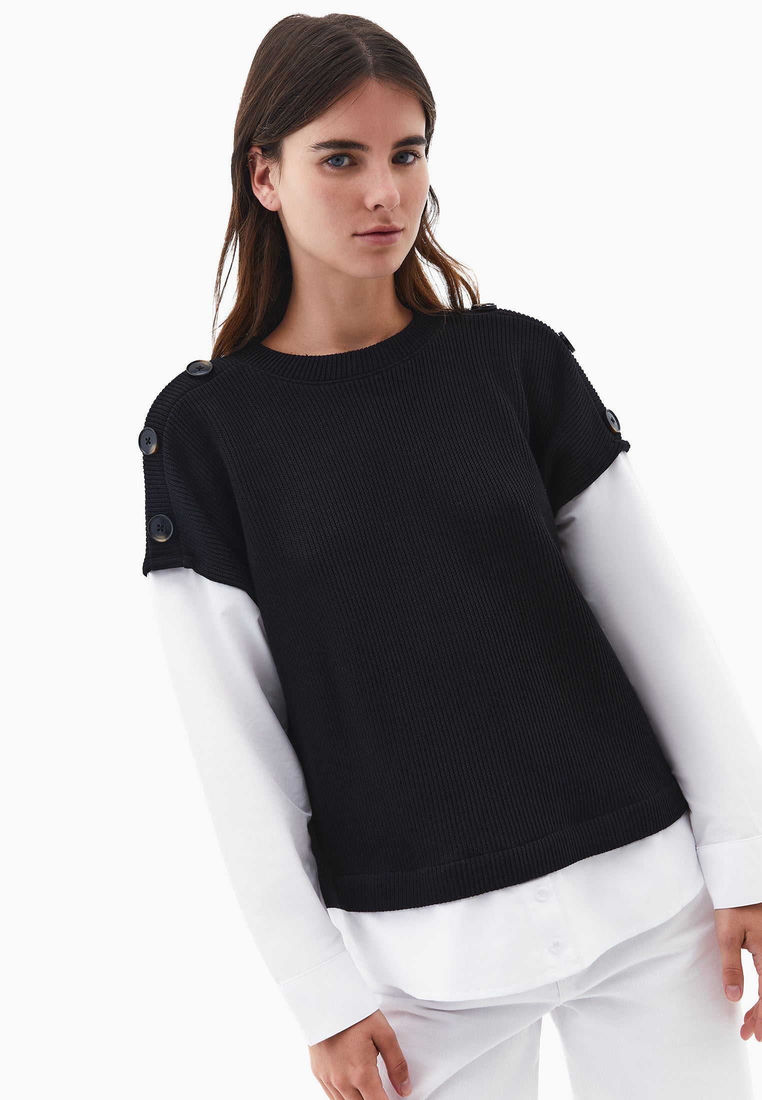 Button Detailed Long Sleeve Blouse - BLACK