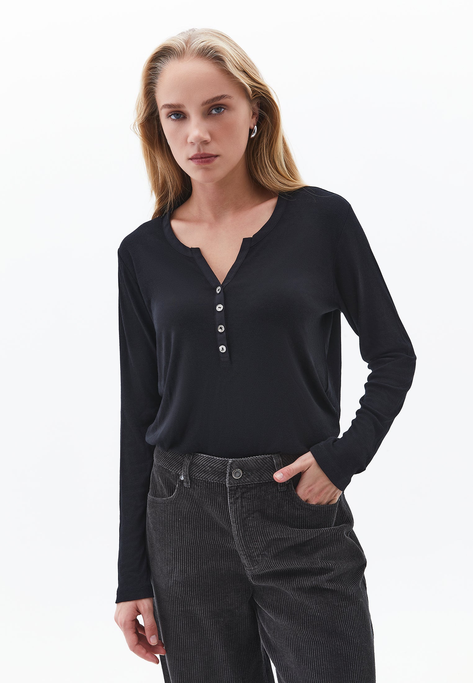 Polo Collar Buttoned T-Shirt - BLACK