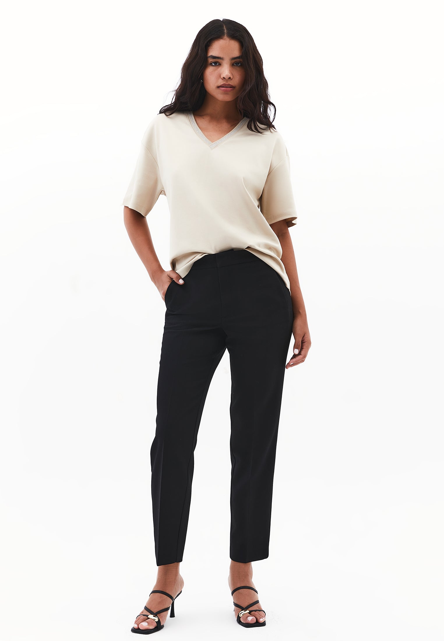 Slim Fit High Waist Pants - BLACK