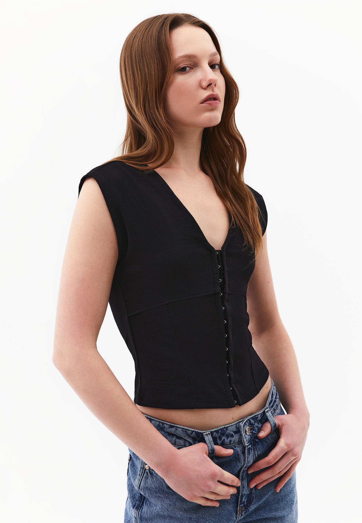 V Neck Bodycon T-Shirt - BLACK