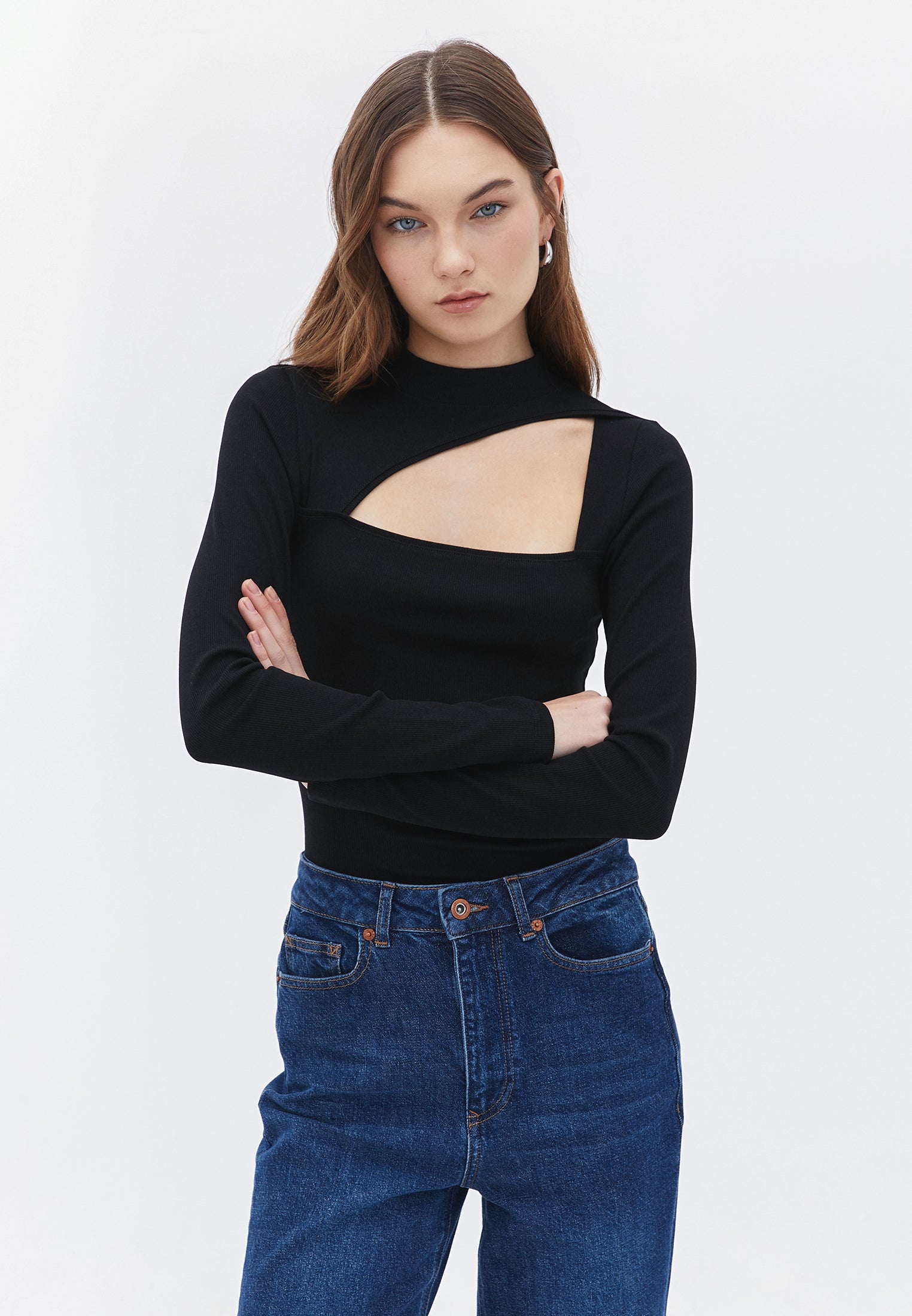 High Neck Long Sleeve Bodycon T-Shirt - BLACK