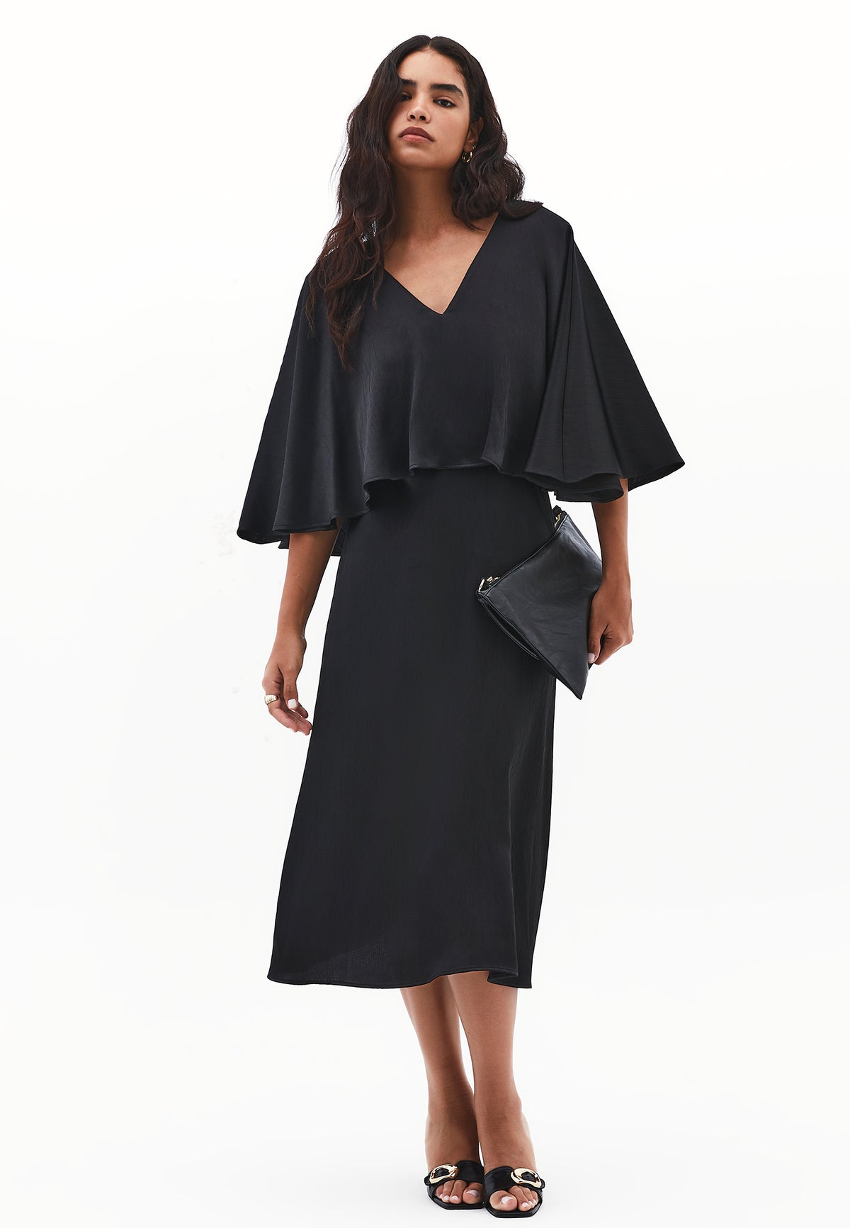 V Neck Long Dress - BLACK