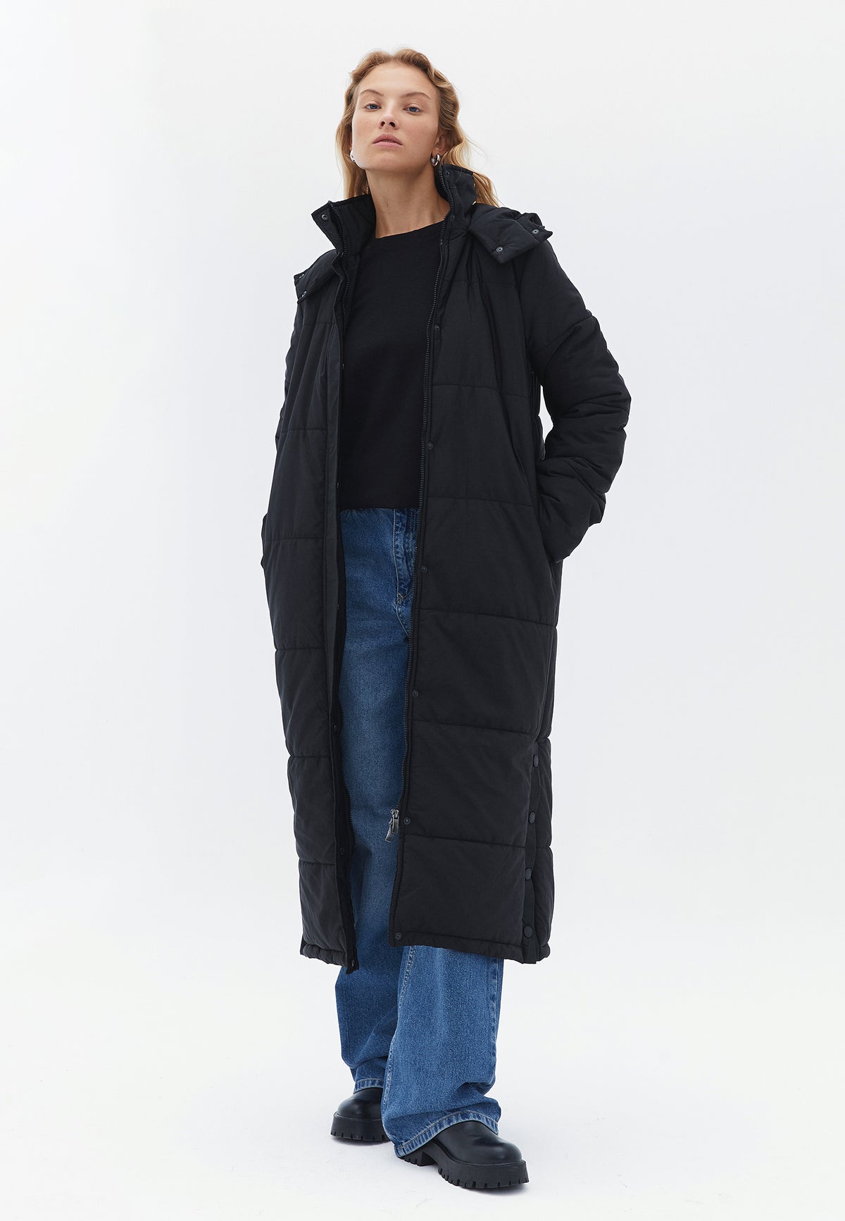 Long Loose Fit Buttoned Coat - BLACK