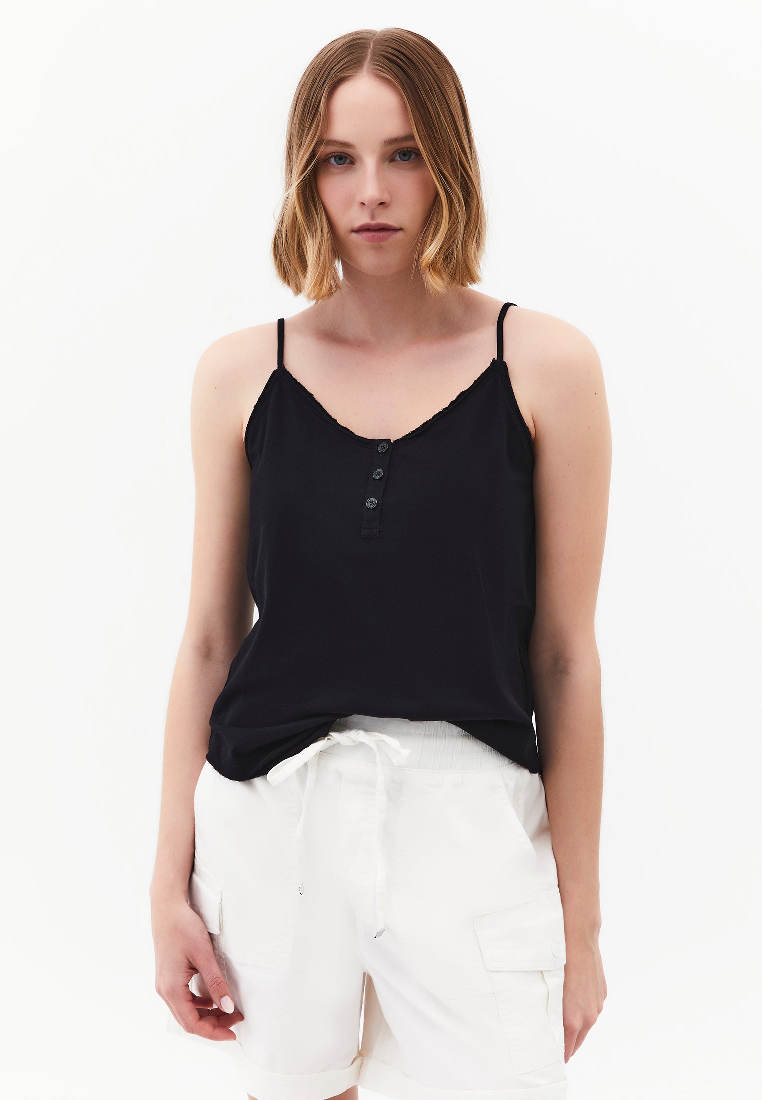 Loose V-Neck Top With Button Details - BLACK