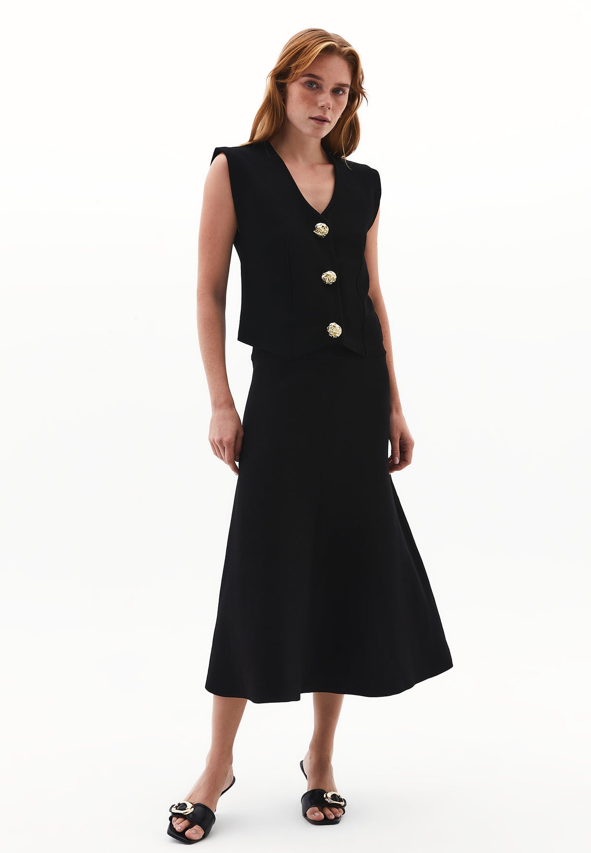 Long A-Line Skirt With Flounce Detail - BLACK