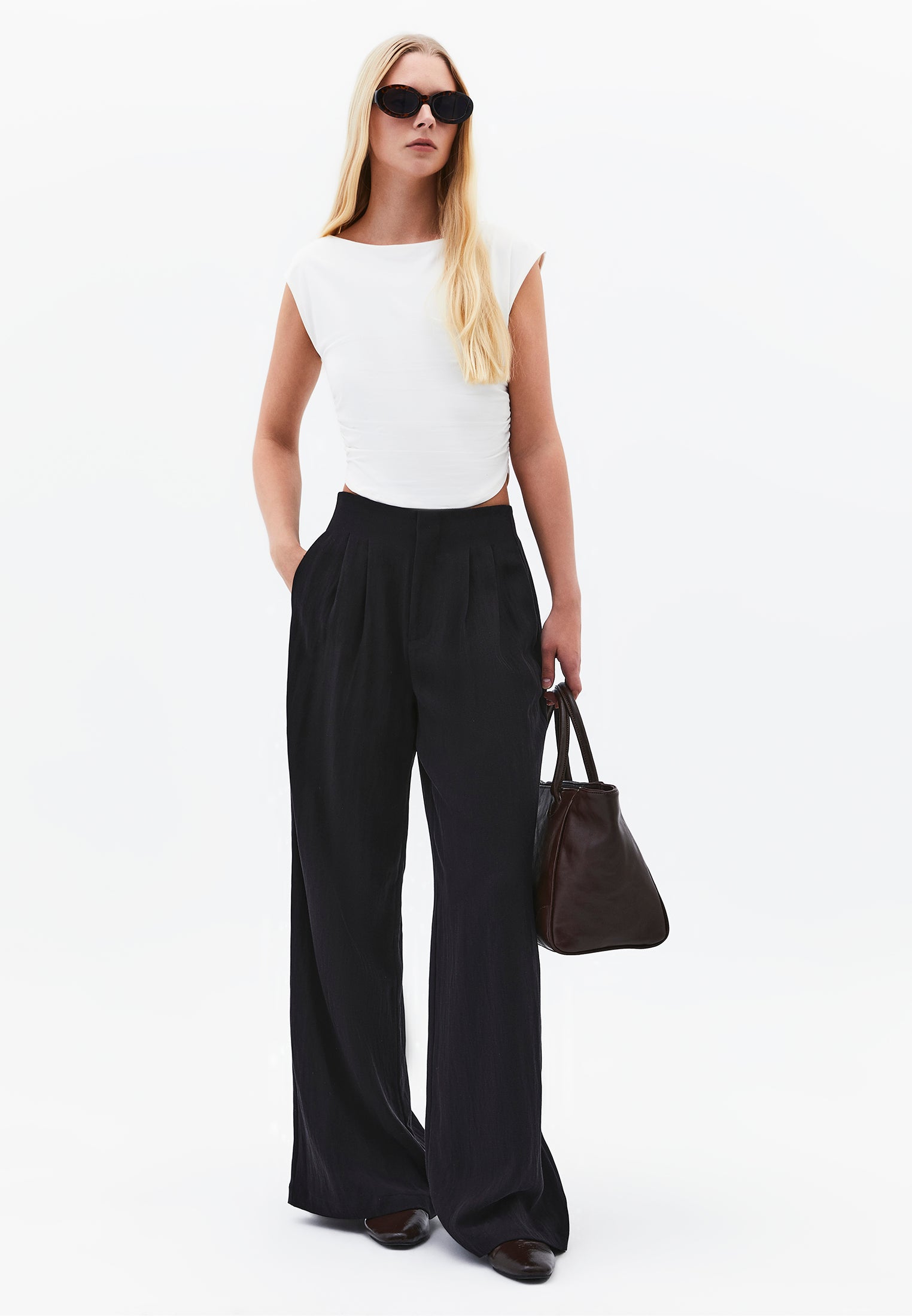 Pleated Ultra High Waist Wide Leg Pants - BLACK