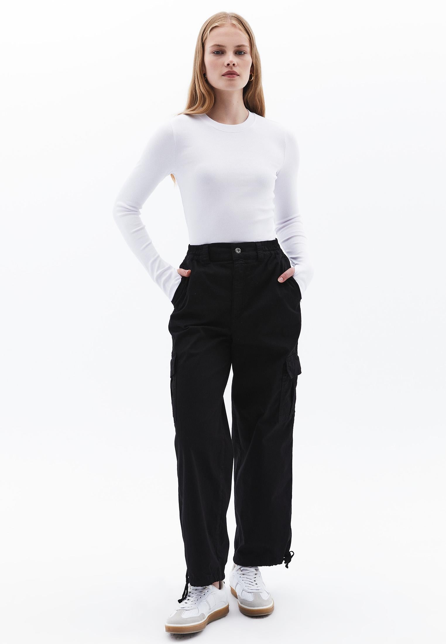 Jogger Hem High Waist Pants - BLACK