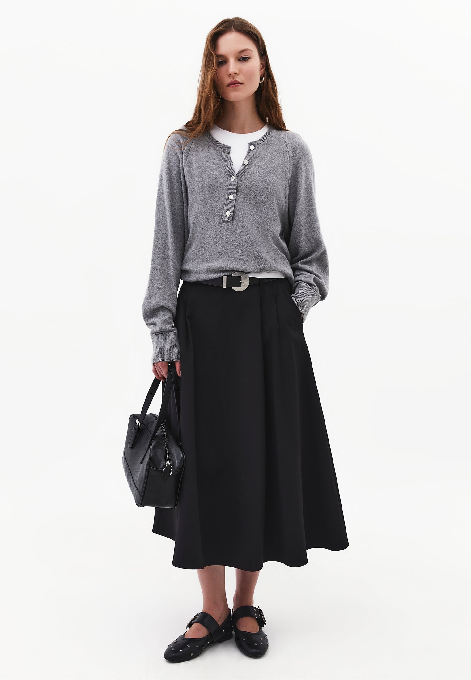 Long Pleated Flared Skirt - BLACK