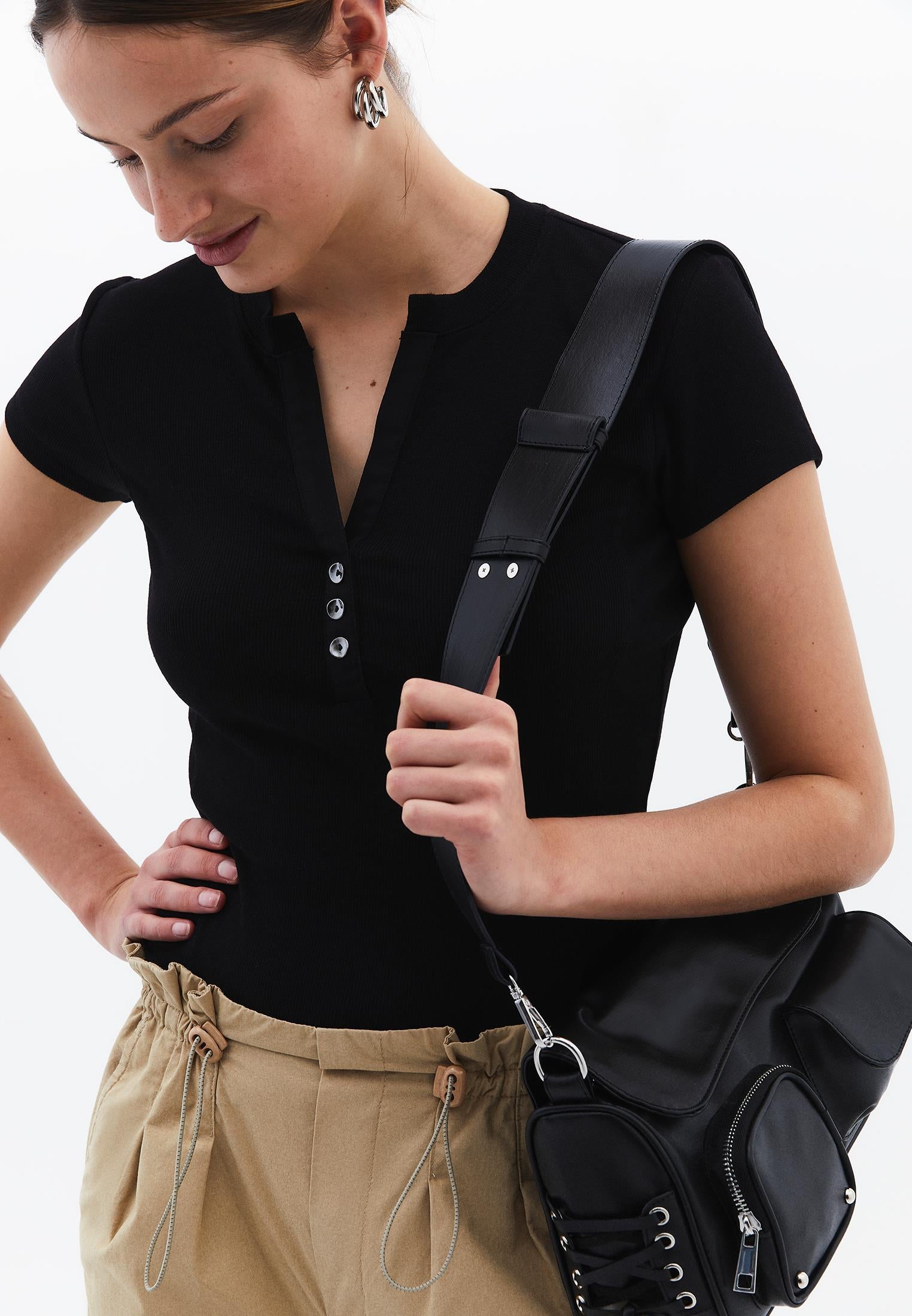 Button Detailed T-Shirt - BLACK
