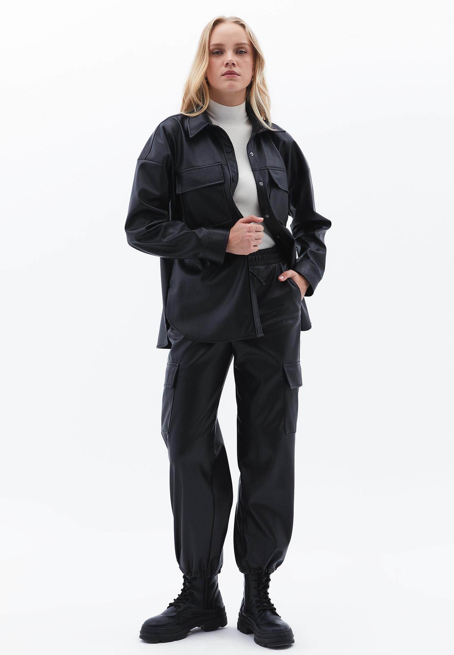 Jogger High Waist Leather Pants - BLACK