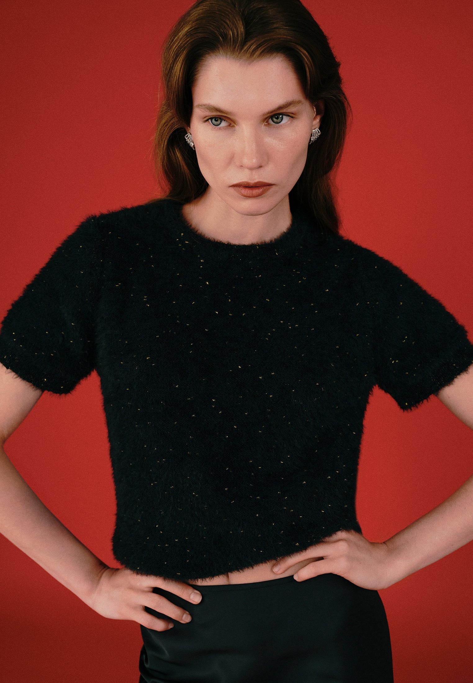 Raglan Sleeve Short Sleeve Crew Neck Knit Sweater - BLACK
