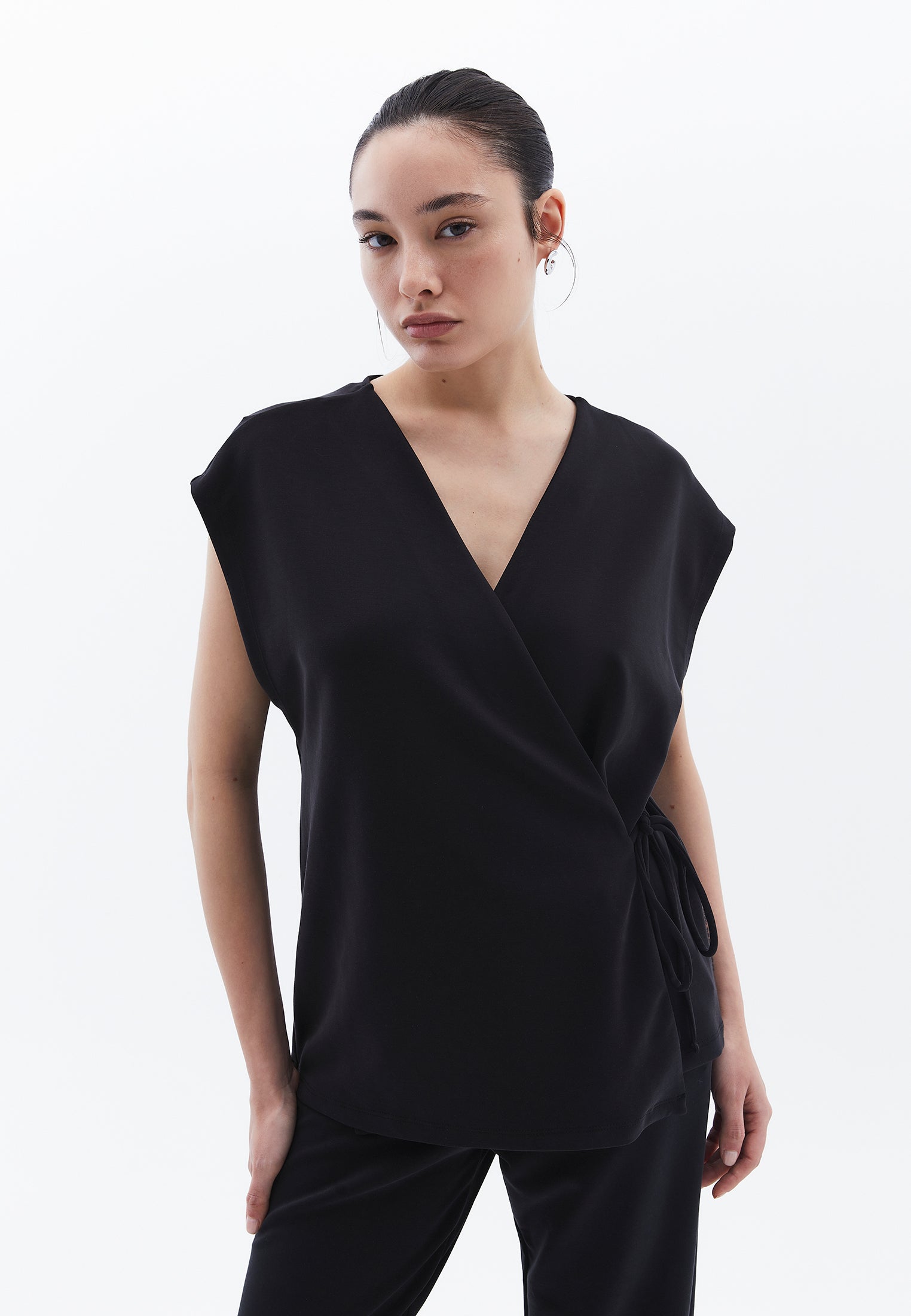 Wrap Neck Tunic Cardigan - BLACK