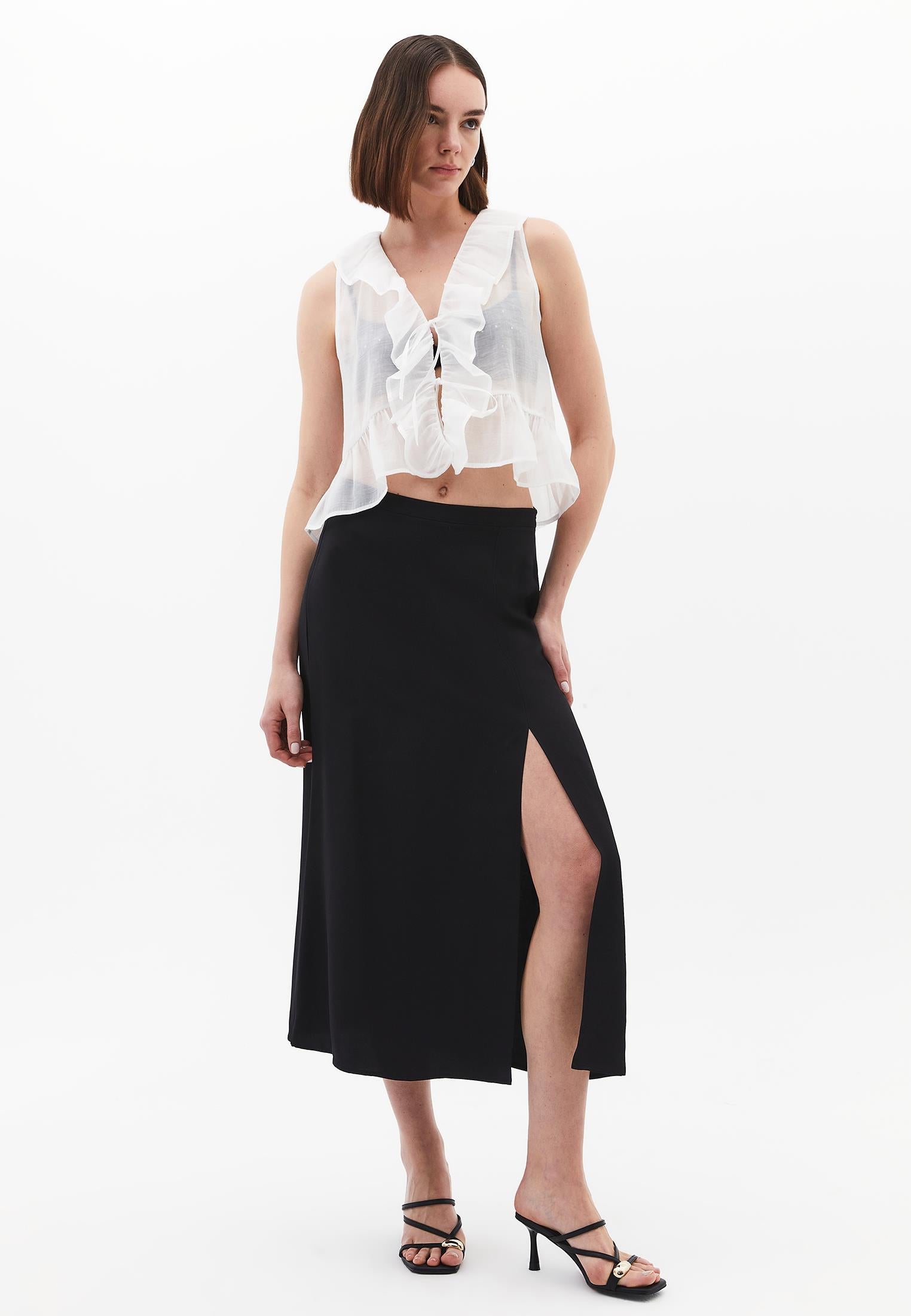 Slit Detailed A-Line Midi High Waist Skirt - BLACK