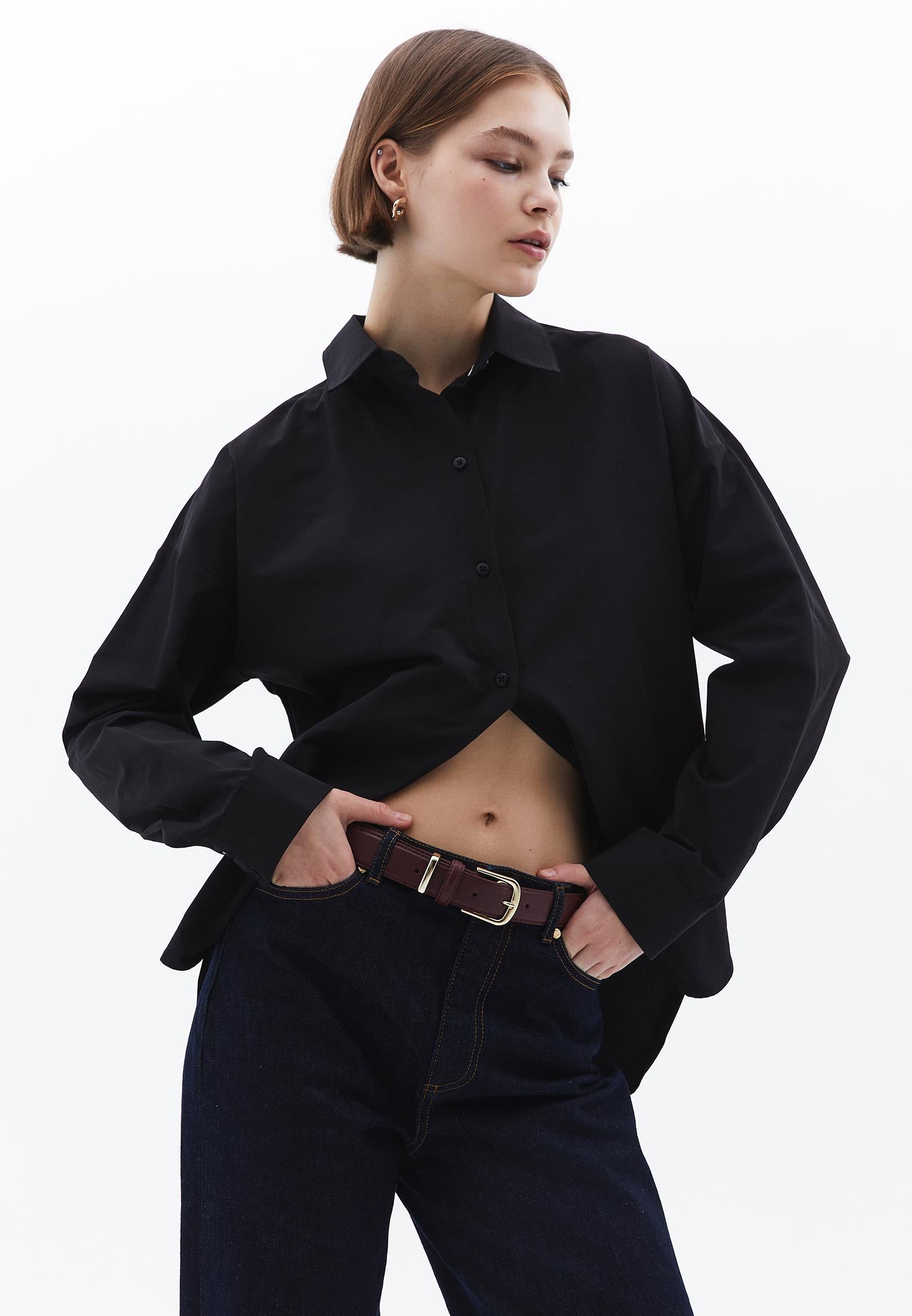 Shirt Collar Loose Woven Shirt - BLACK