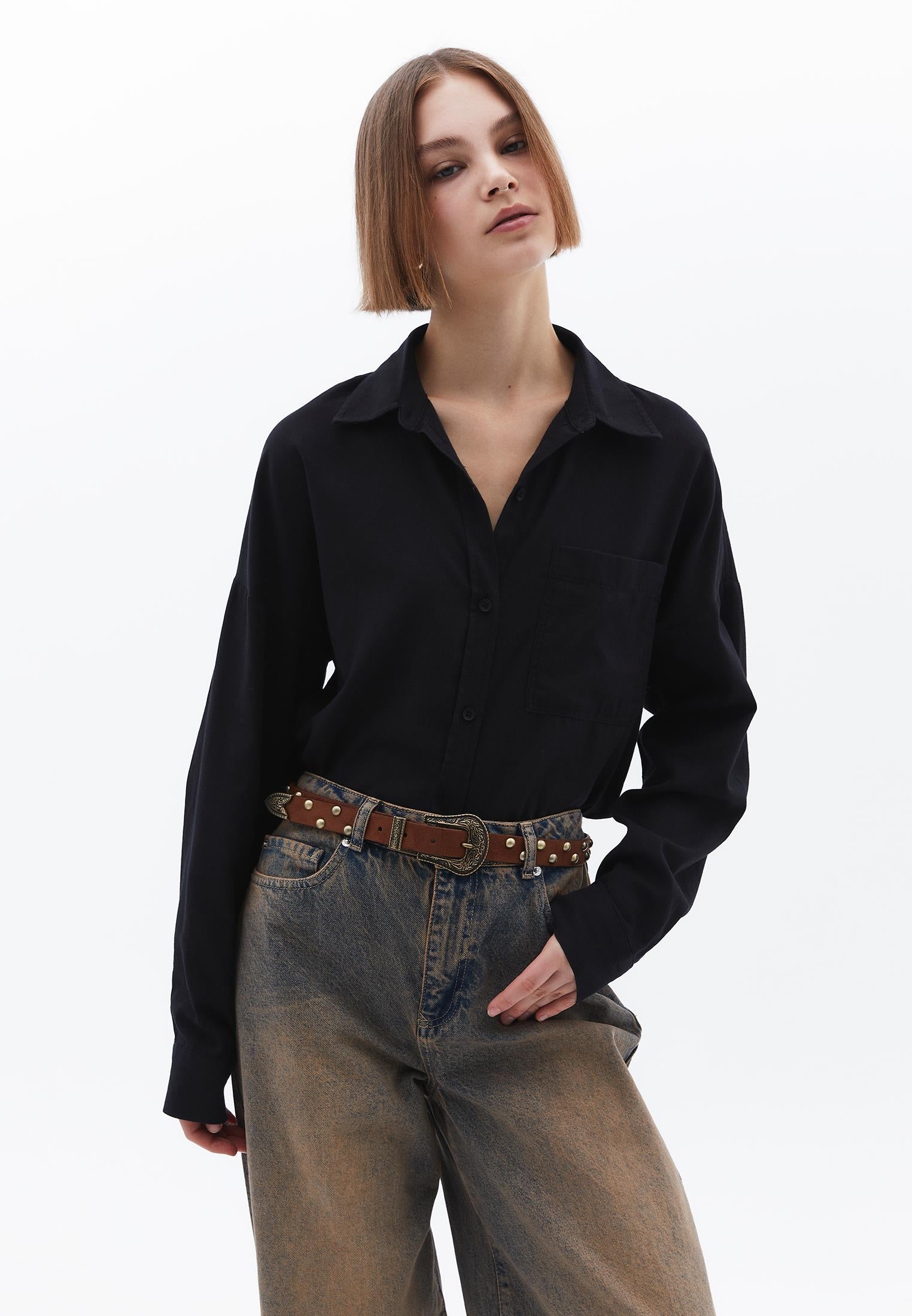 Shirt Collar Buttoned Oversize Long Sleeve Shirt - BLACK