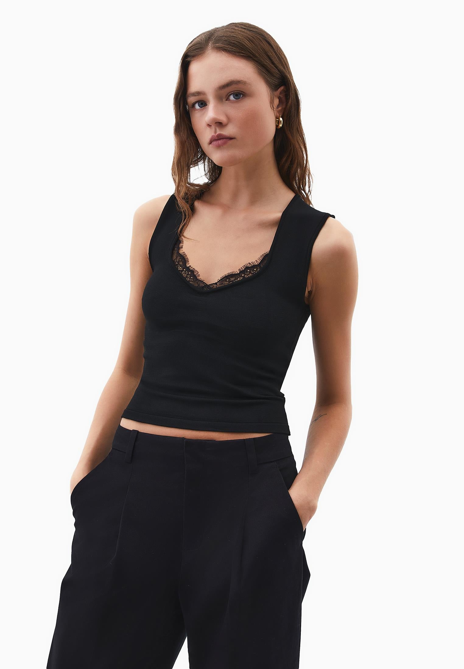 V Neck Ruched Tank Top - BLACK