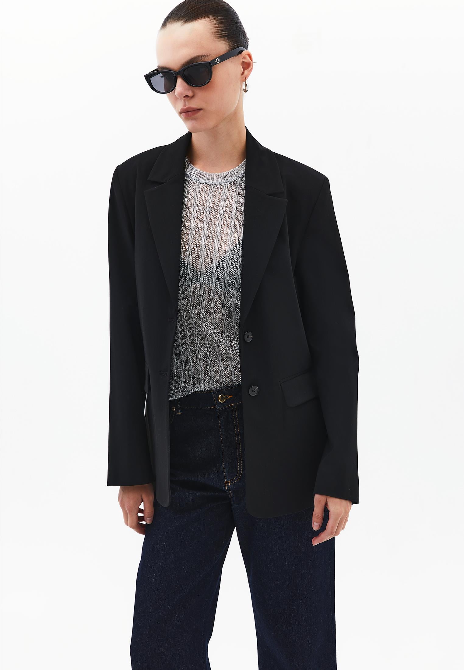 Oversize Blazer With Button Details - BLACK