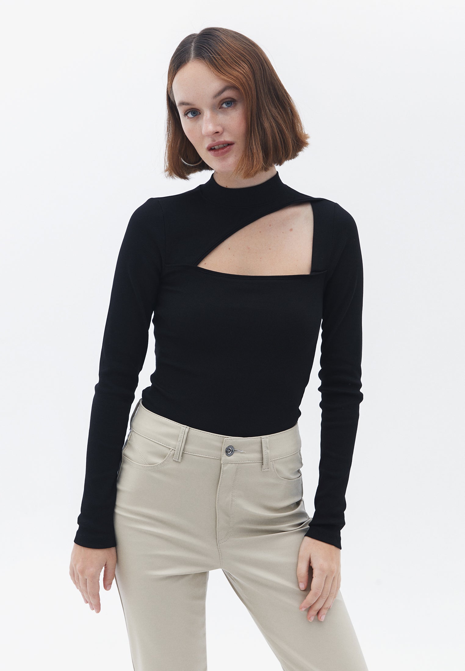 High Neck Long Sleeve Bodycon T-Shirt - BLACK