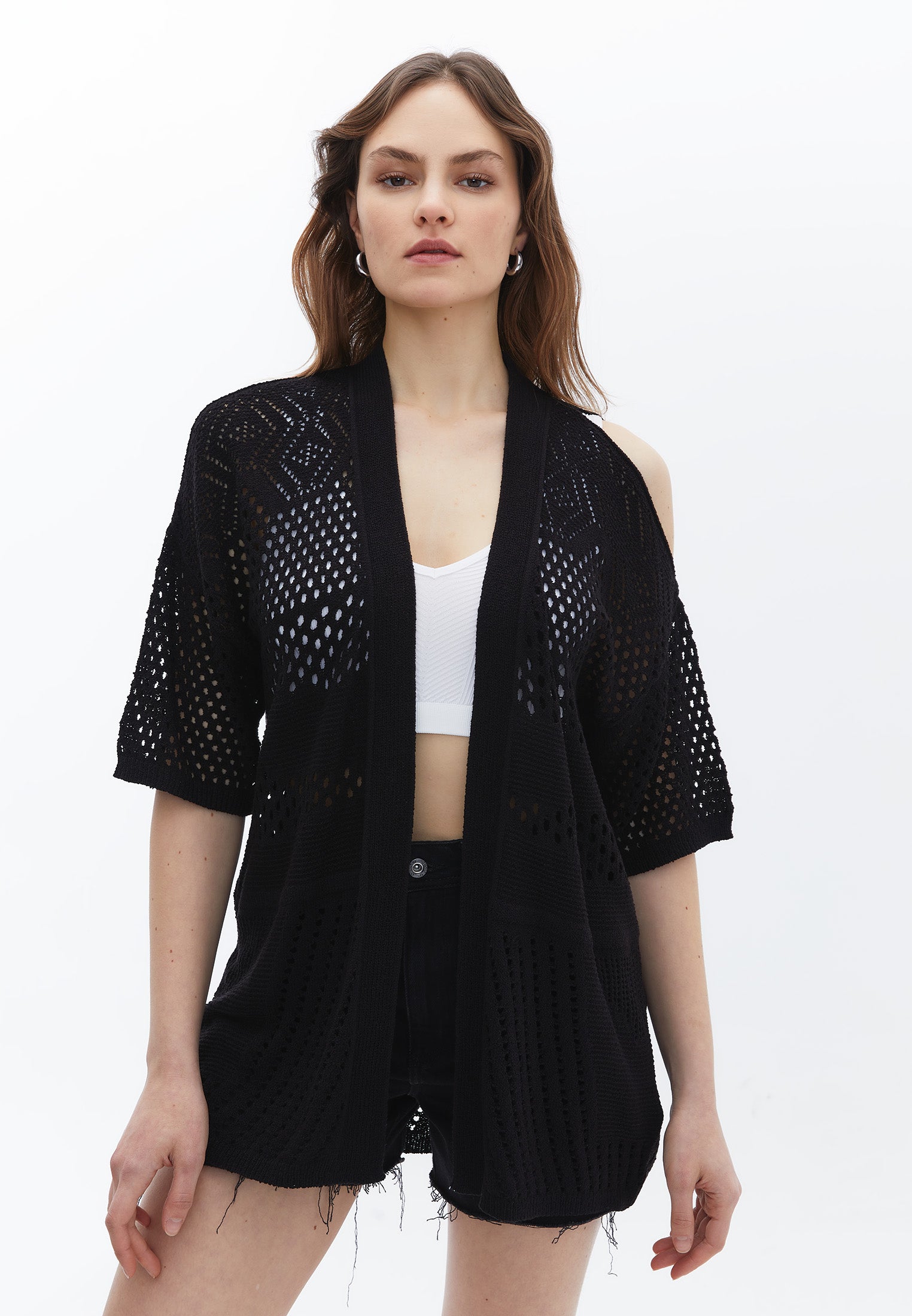 Tunic Length Cardigan With Cut Details - BLACK