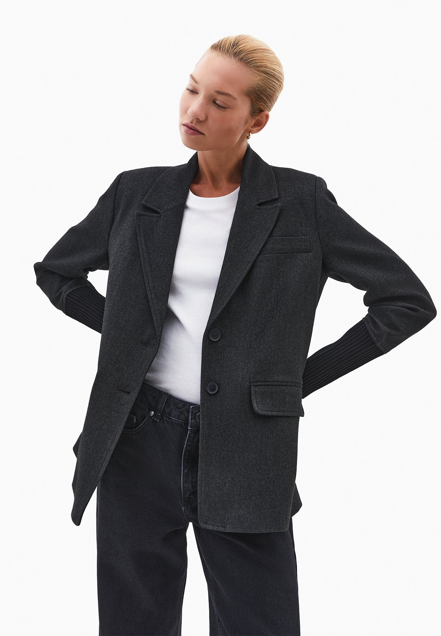 Double-Breasted Long-Sleeve Blazer Jacket - BLACK