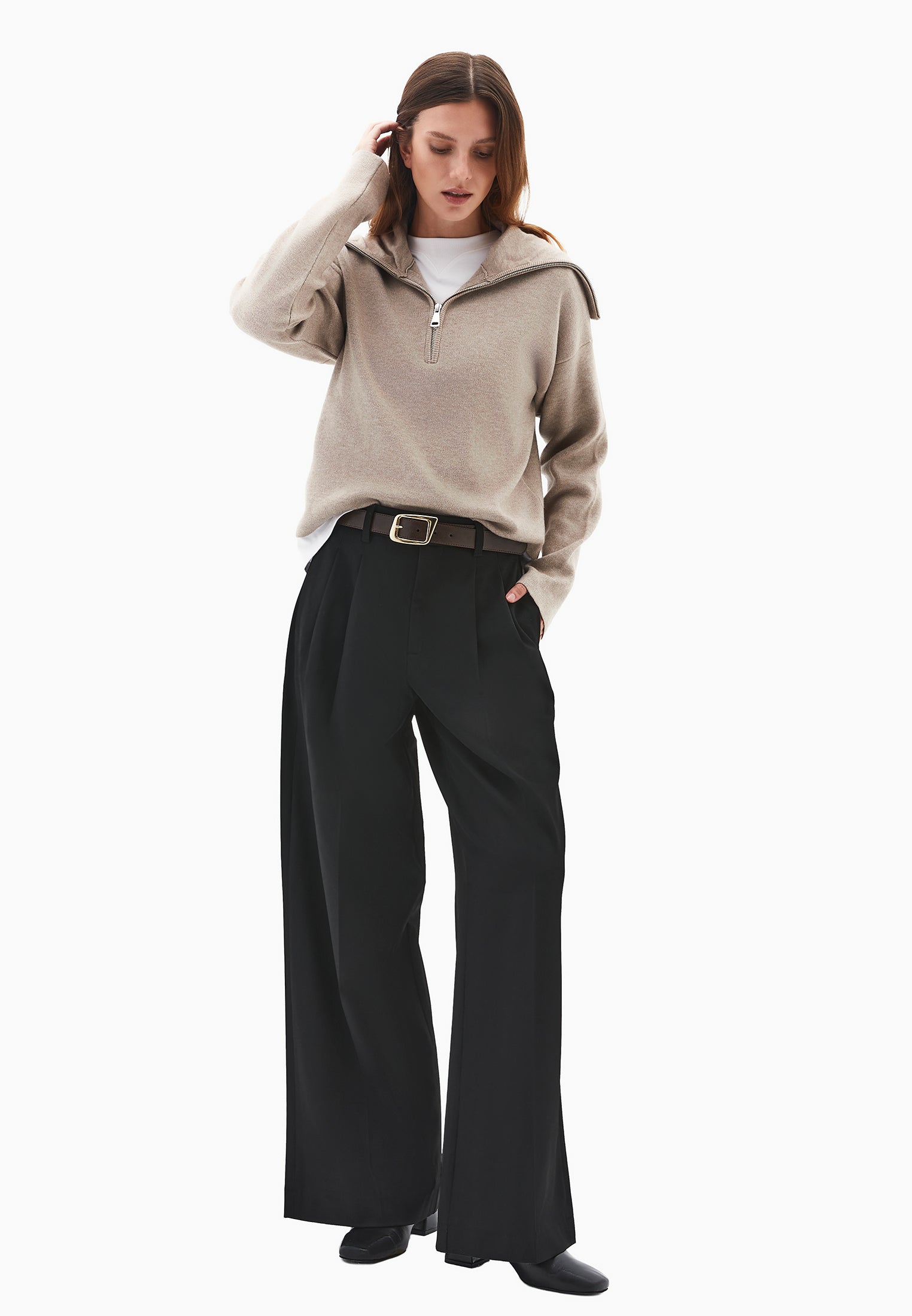 High Waist Wide Leg Pleated Pants - BLACK