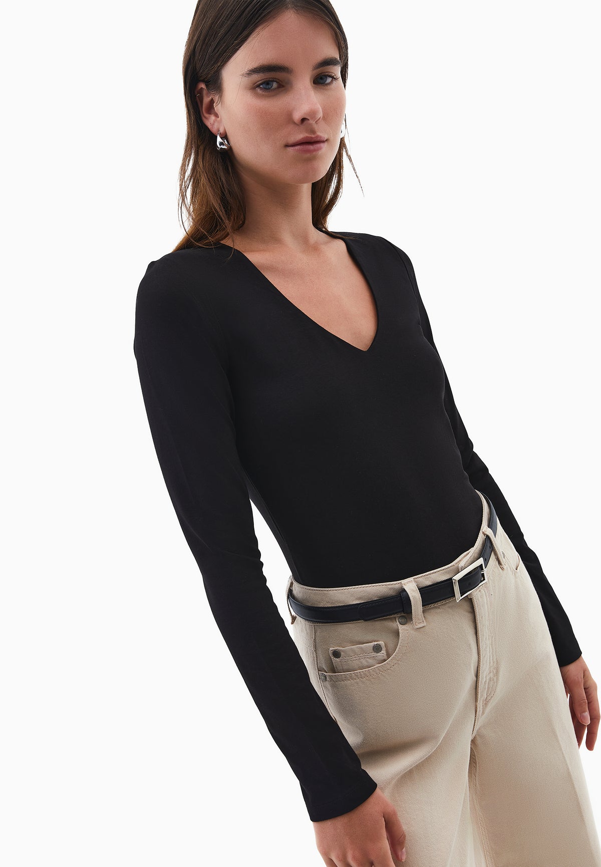 V Neck Long Sleeve T-Shirt - BLACK