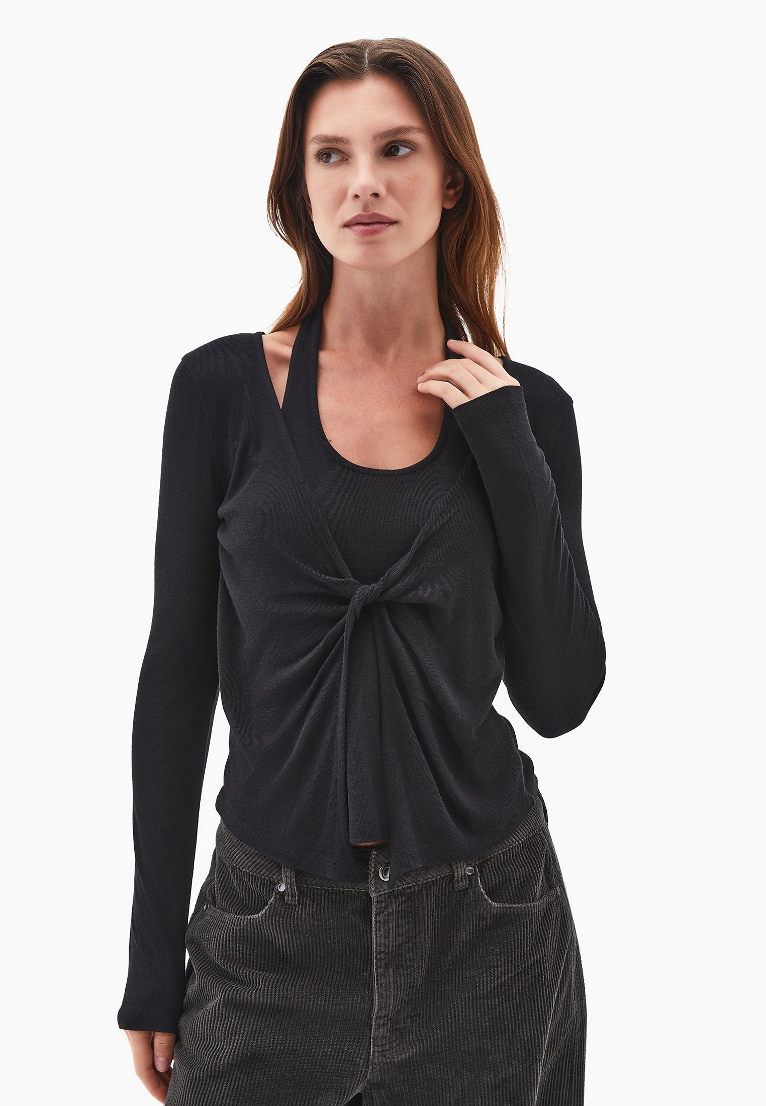 V Neck Long Sleeve T-Shirt - BLACK