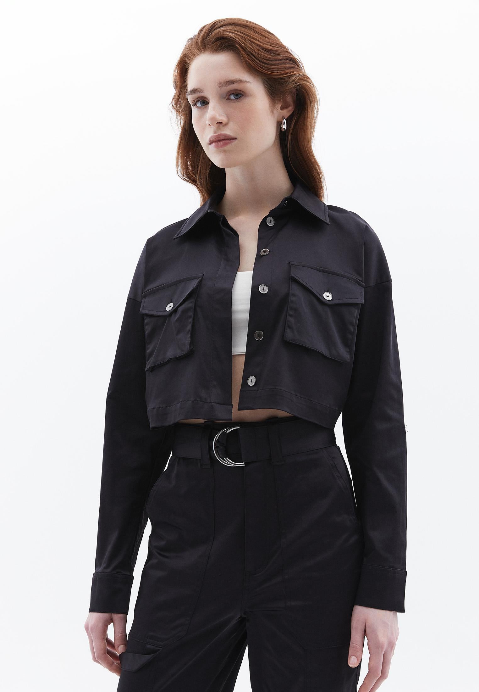 Cropped Shirt With Pocket Detail And Loose Fit - BLACK