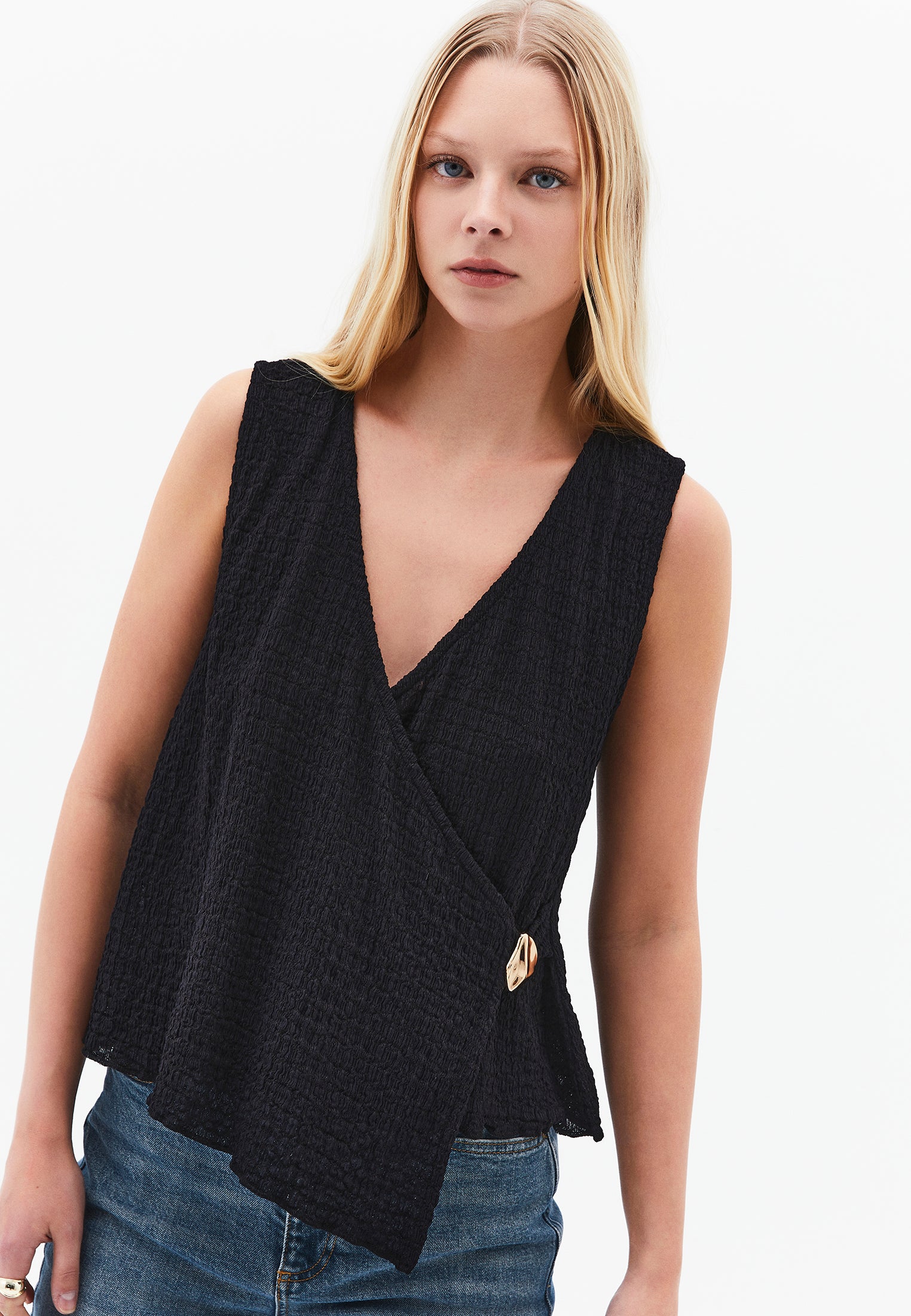 V Neck Blouse Without Sleeve Detail - BLACK