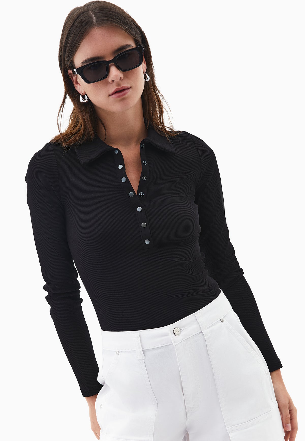 Polo Collar Long Sleeve Bodycon T-Shirt - BLACK