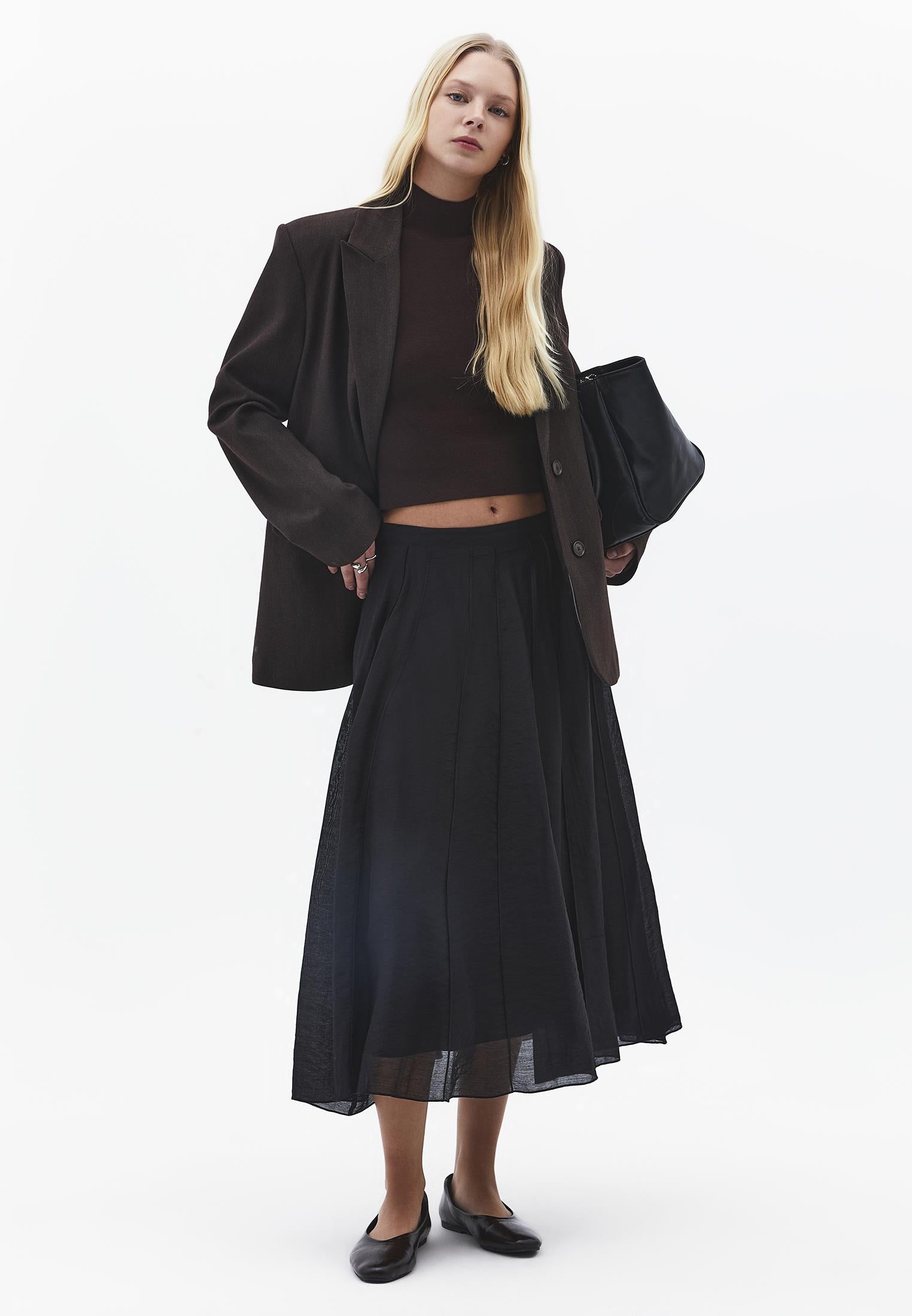 High Waist Flared Midi Skirt - BLACK