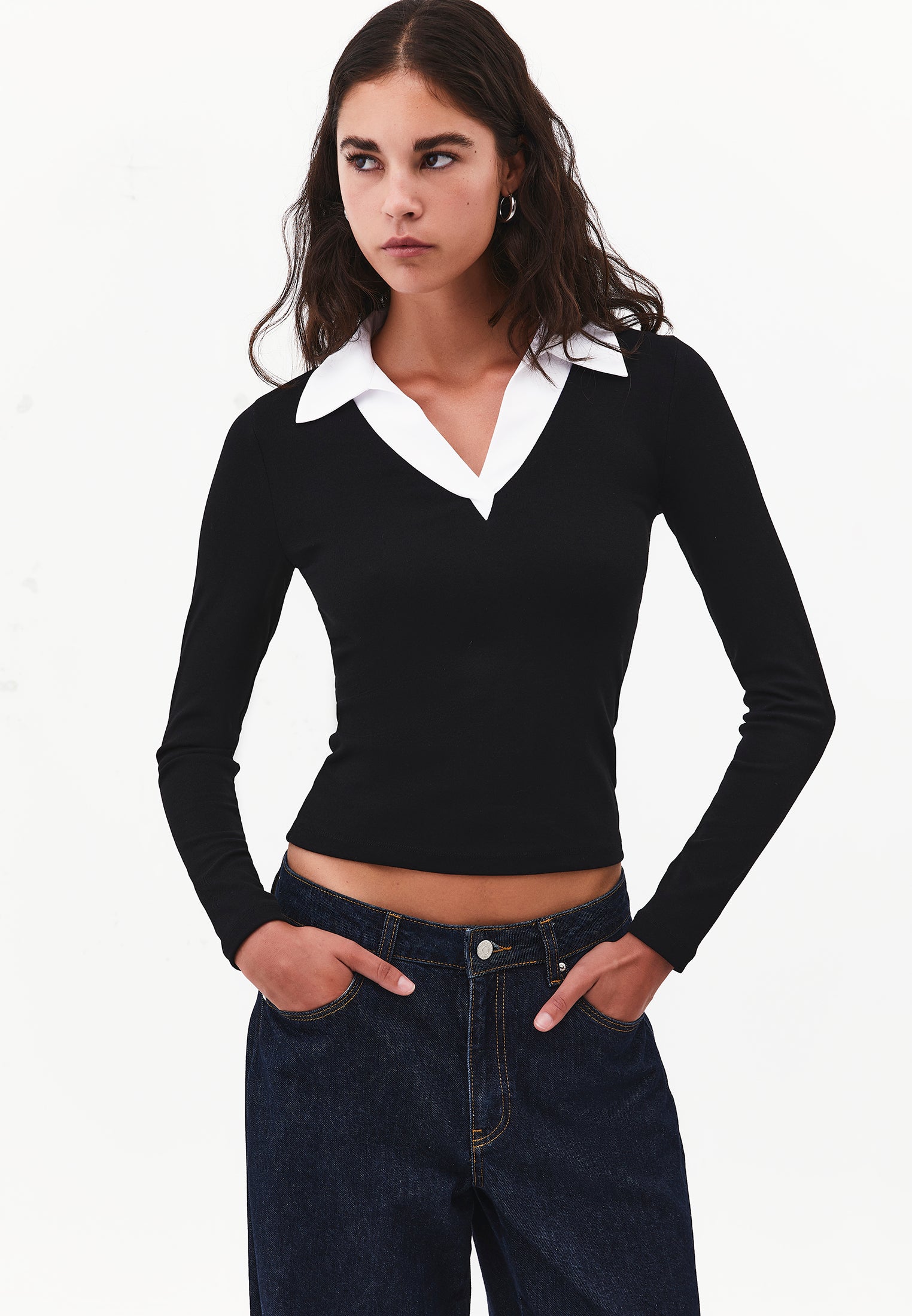 Polo Neck Long Sleeve Bodycon T-Shirt - BLACK