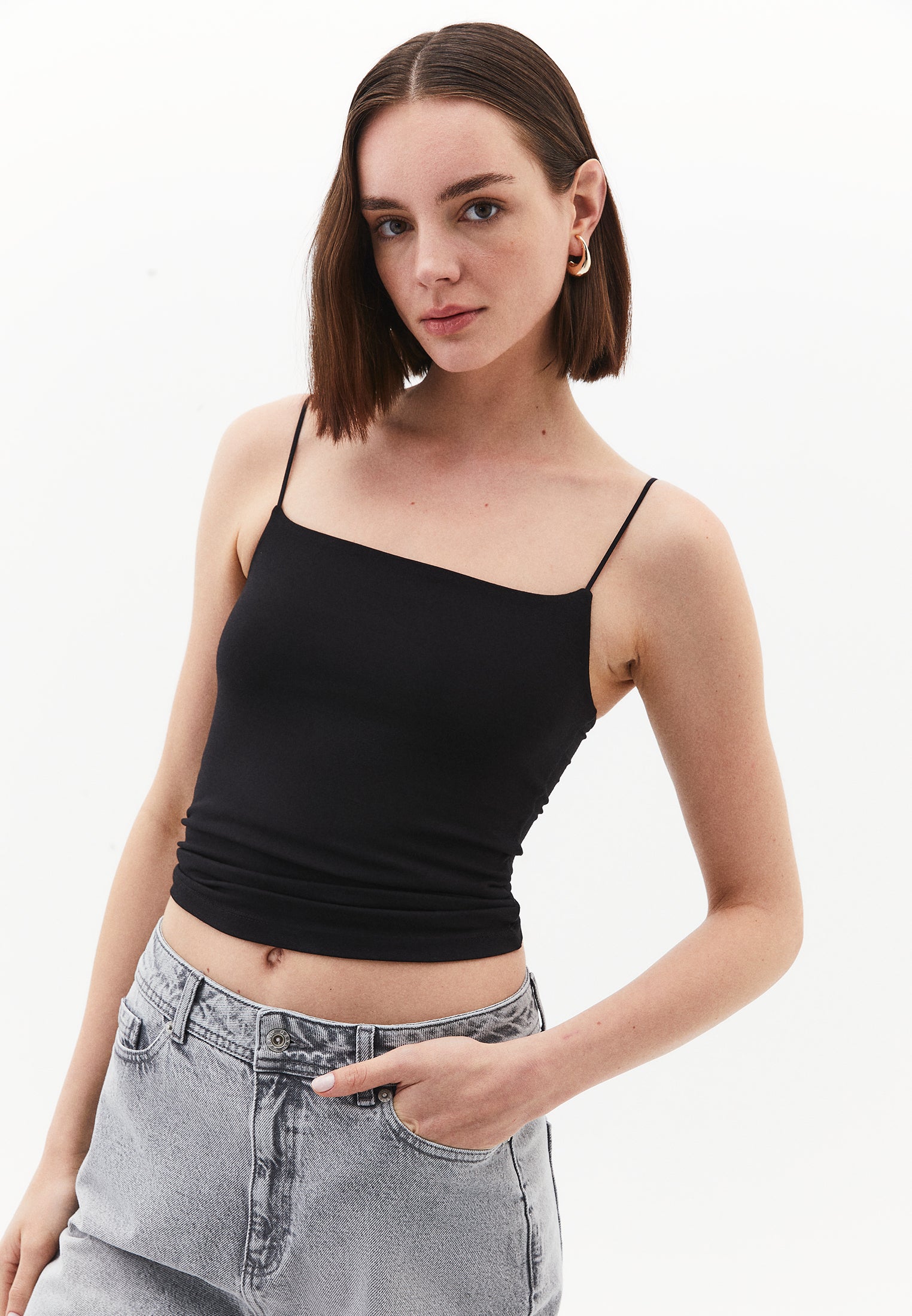 Wide Neck Strappy Tank Top - BLACK